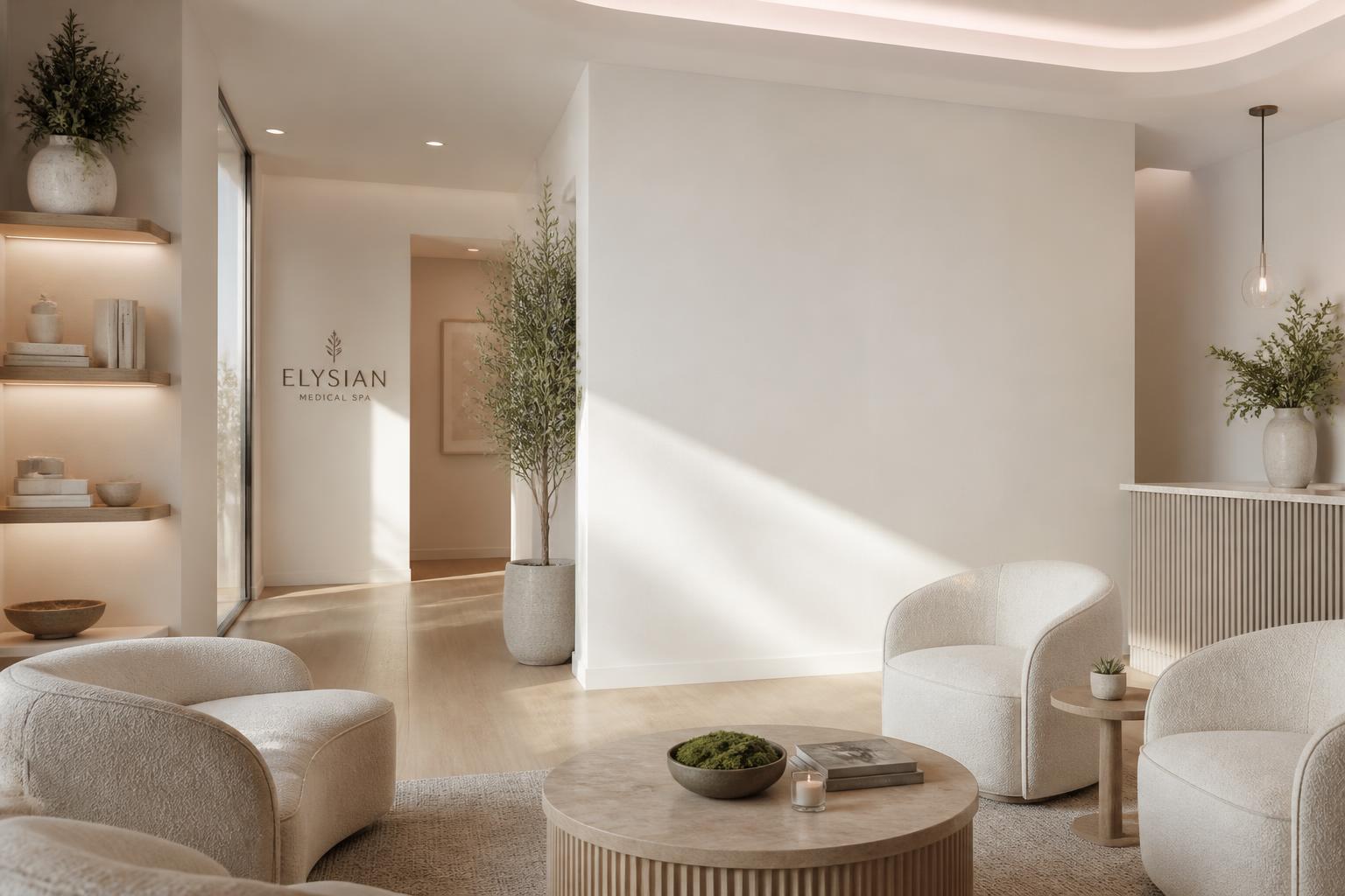Med spa waiting room with a wall-mounted screen